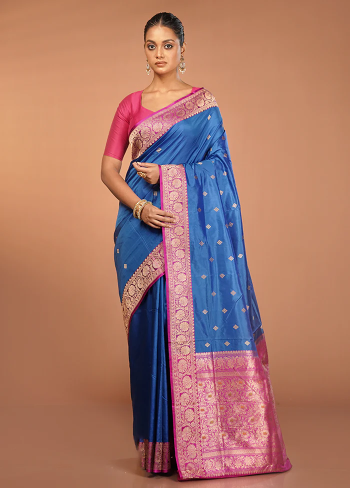 Blue Handloom Katan Pure Silk Saree With Blouse Piece - Image 2