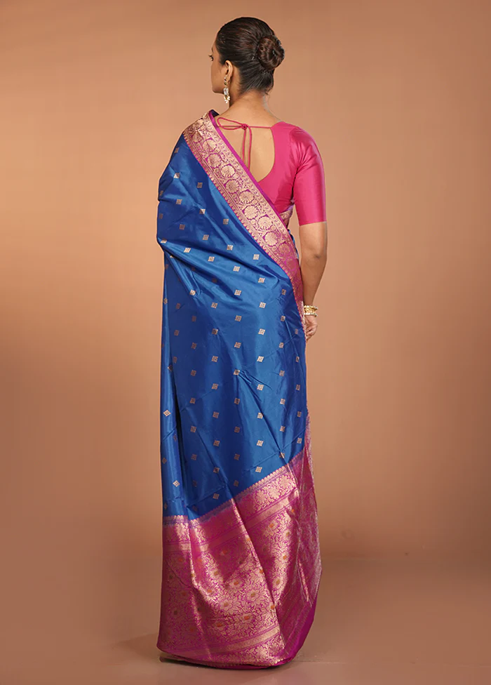 Blue Handloom Katan Pure Silk Saree With Blouse Piece - Image 3