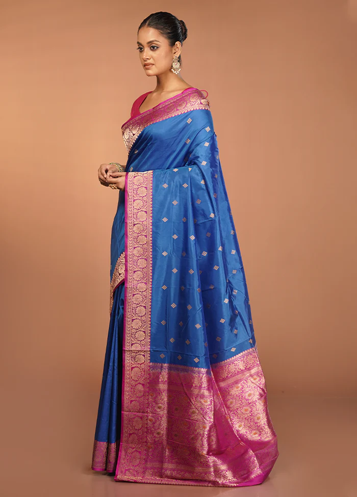 Blue Handloom Katan Pure Silk Saree With Blouse Piece - Image 4