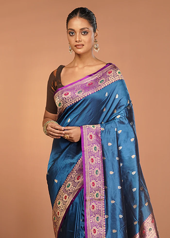 Blue Handloom Katan Pure Silk Saree With Blouse Piece
