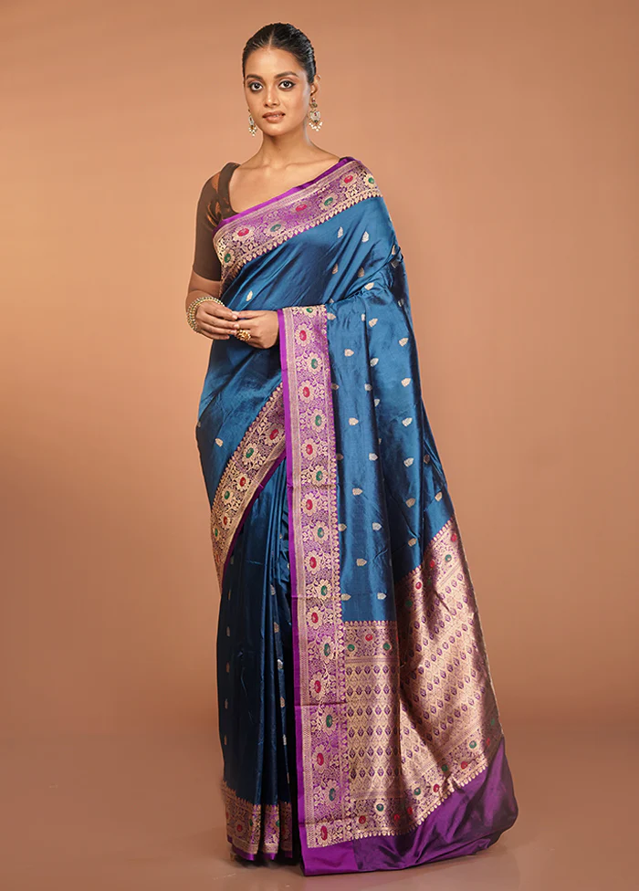Blue Handloom Katan Pure Silk Saree With Blouse Piece - Image 2