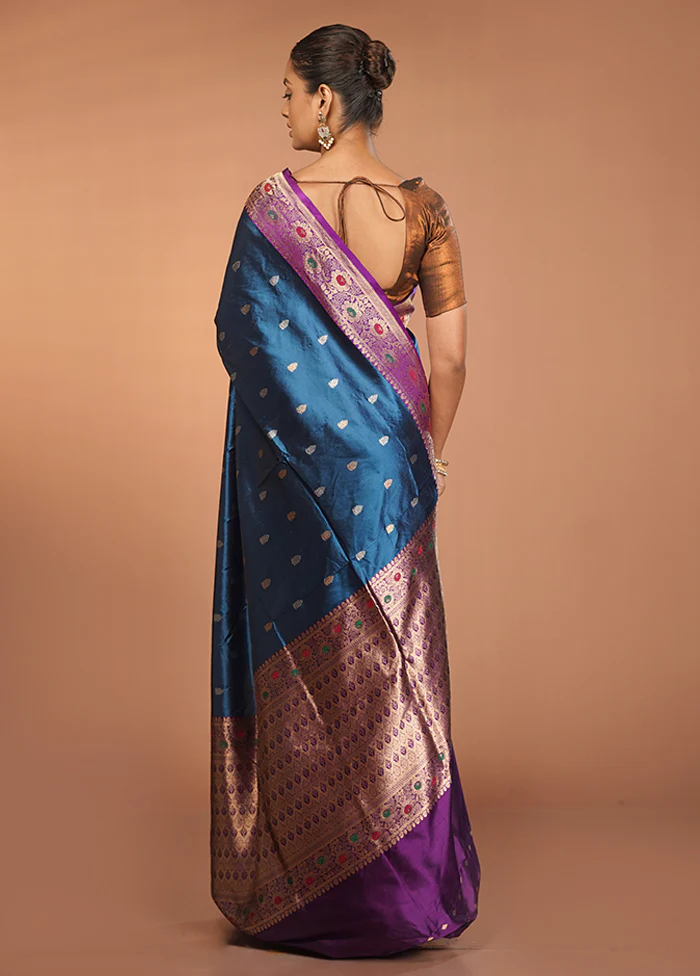 Blue Handloom Katan Pure Silk Saree With Blouse Piece - Image 3