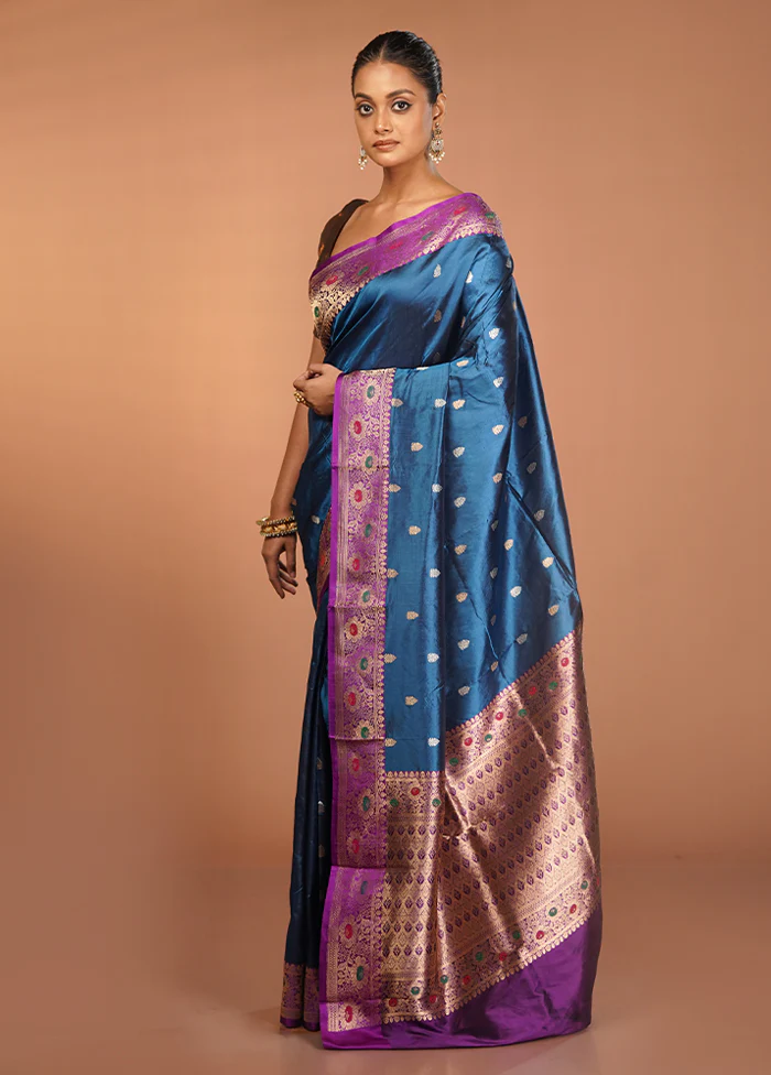 Blue Handloom Katan Pure Silk Saree With Blouse Piece - Image 4