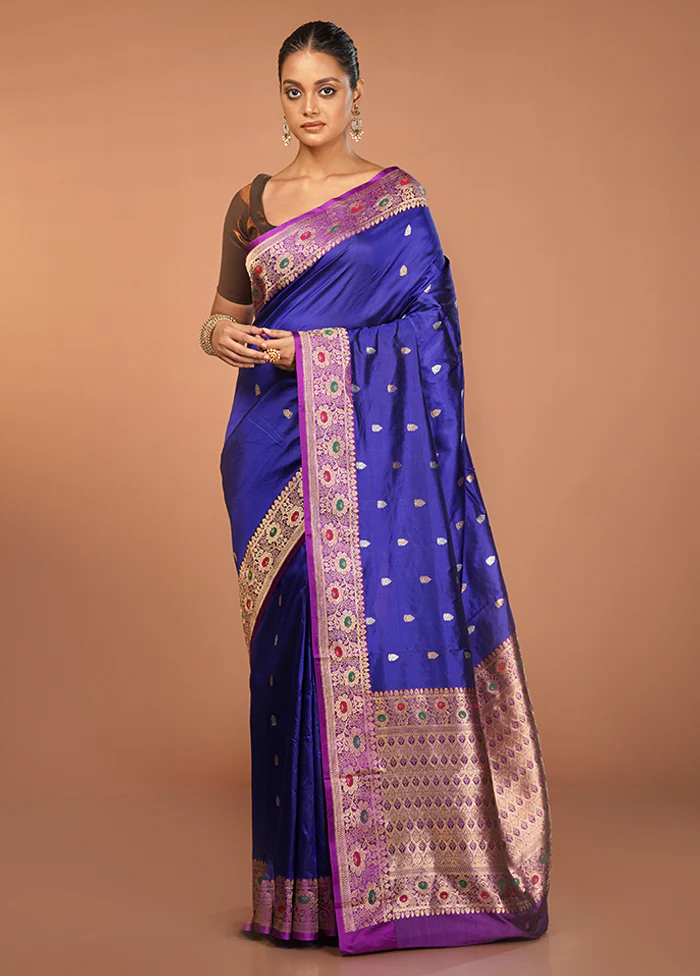 Blue Handloom Katan Pure Silk Saree With Blouse Piece - Image 2