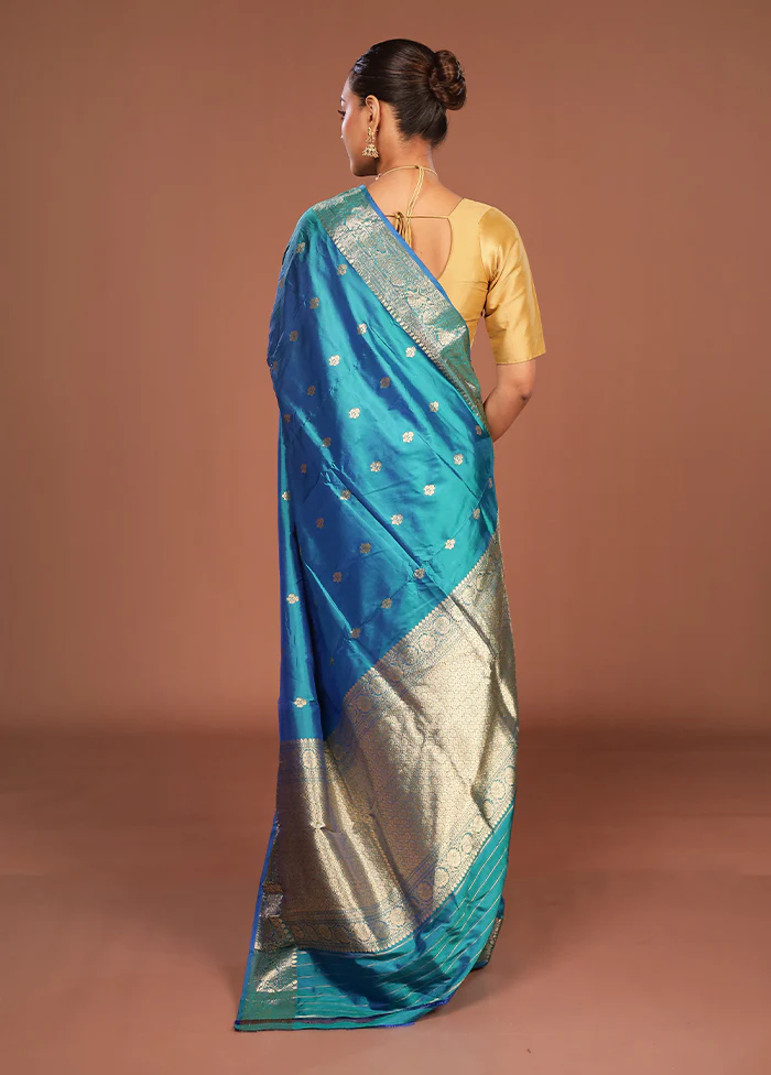 Blue Handloom Katan Pure Silk Saree With Blouse Piece - Image 3