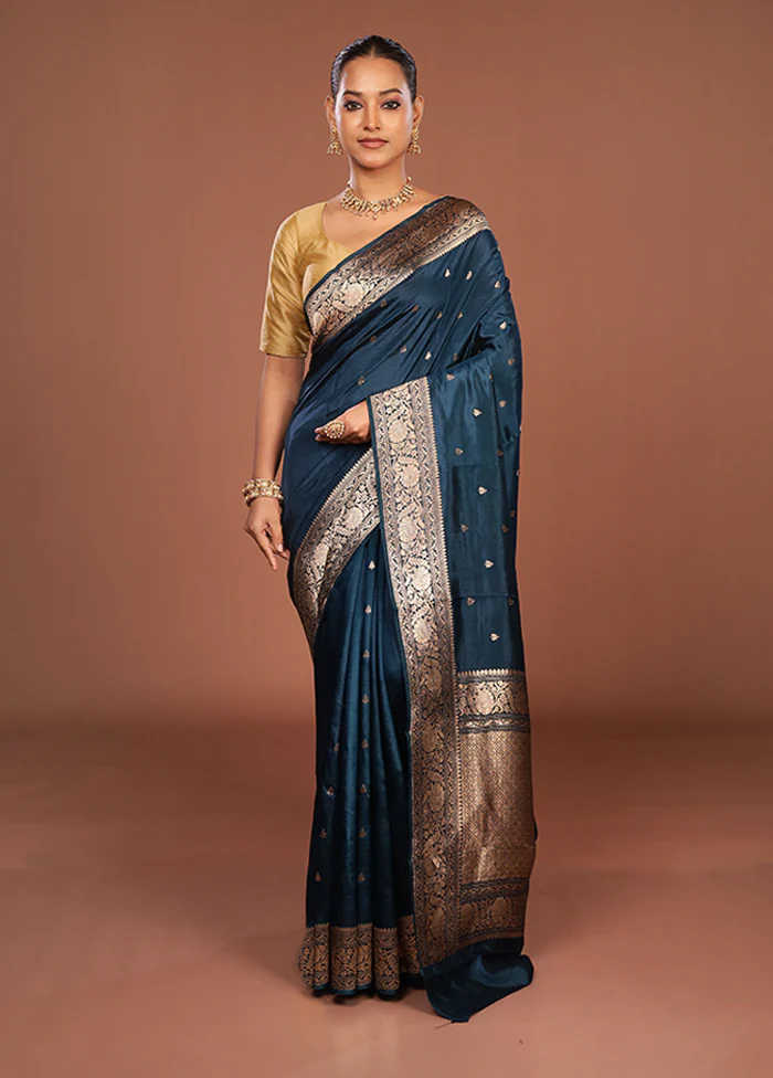 Blue Handloom Katan Pure Silk Saree With Blouse Piece - Image 2