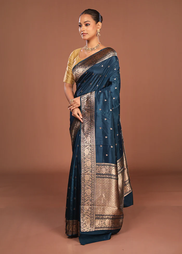 Blue Handloom Katan Pure Silk Saree With Blouse Piece - Image 4