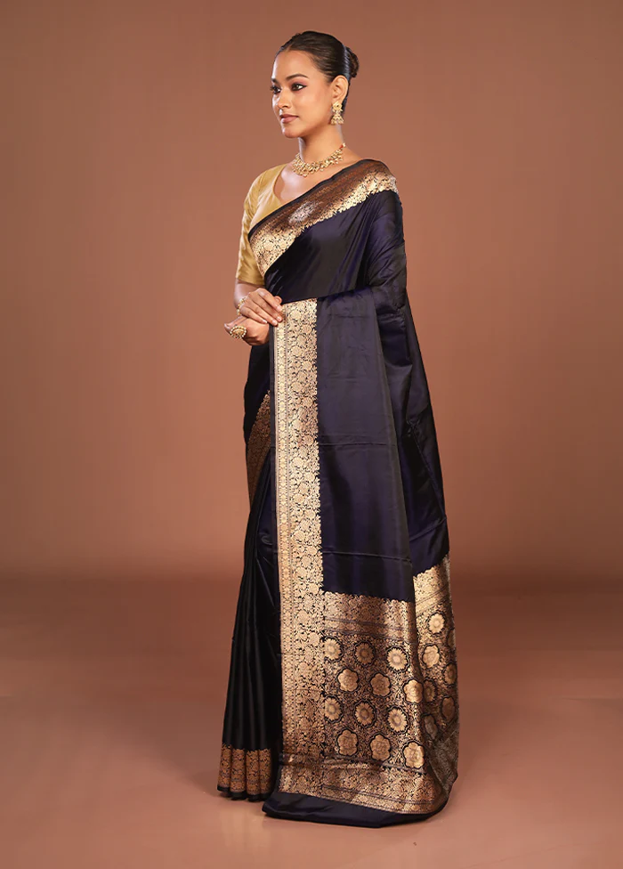 Blue Handloom Katan Pure Silk Saree With Blouse Piece - Image 4
