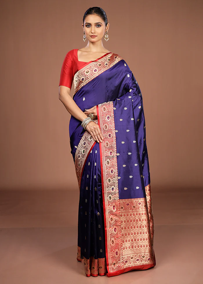 Blue Handloom Katan Pure Silk Saree With Blouse Piece - Image 2
