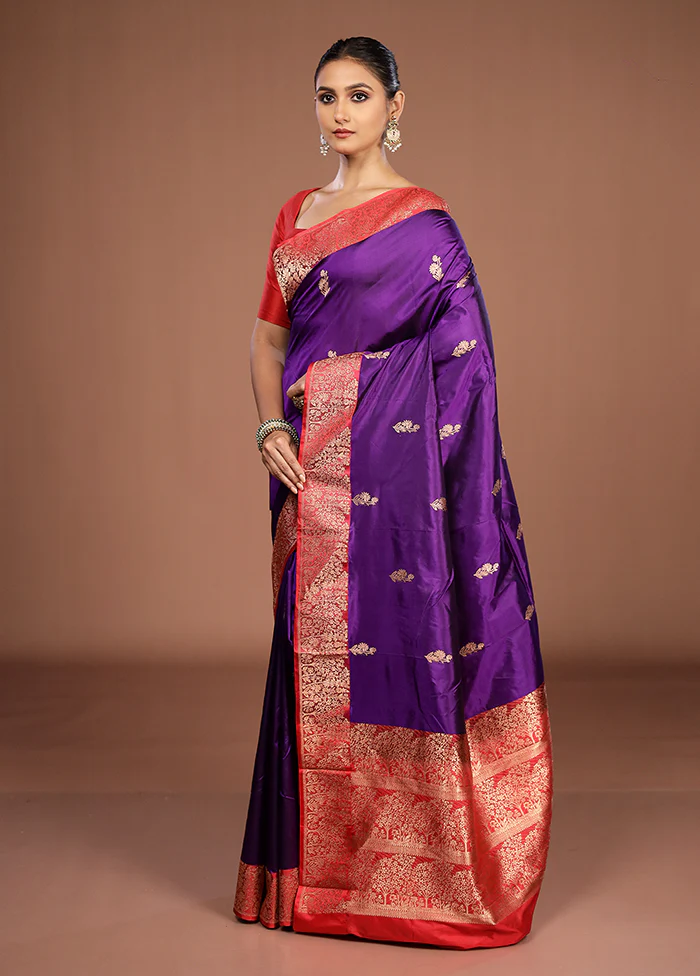 Purple Handloom Katan Pure Silk Saree With Blouse Piece - Image 4