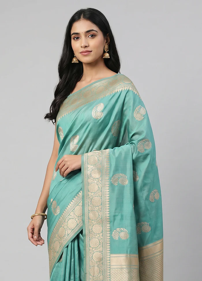 Blue Handloom Katan Pure Silk Saree With Blouse Piece - Image 2