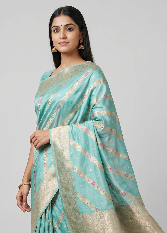 Blue Handloom Katan Pure Silk Saree With Blouse Piece - Image 2