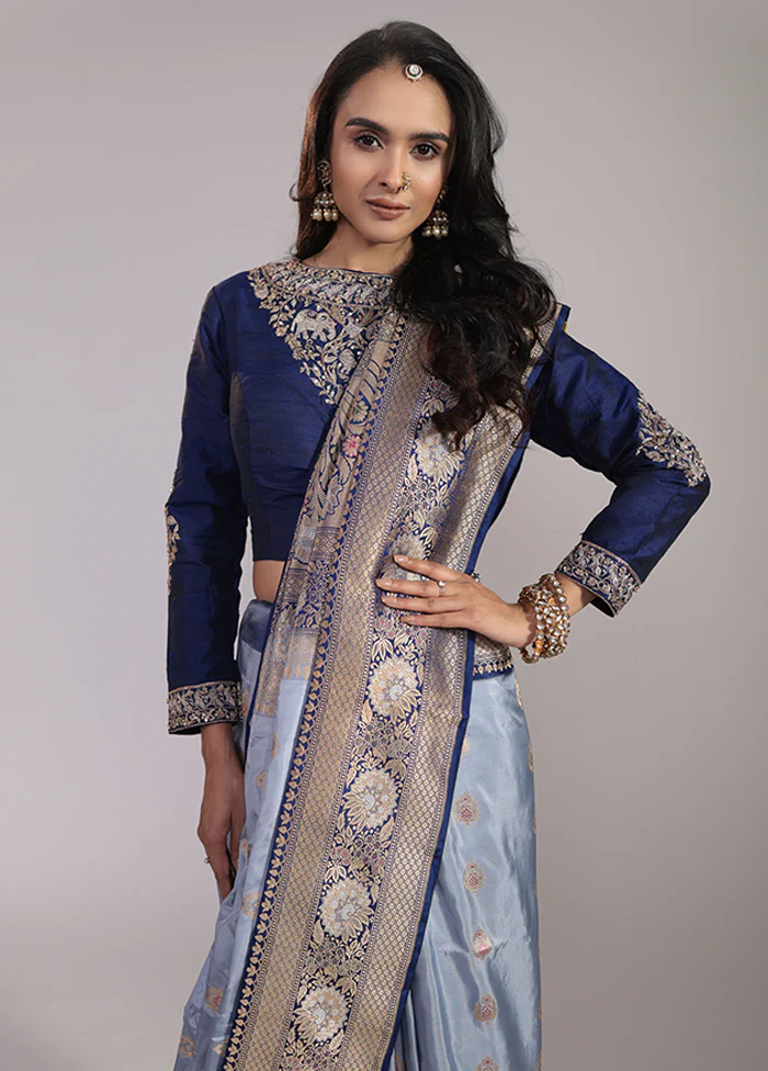 Blue Handloom Katan Pure Silk Saree With Blouse Piece - Image 2