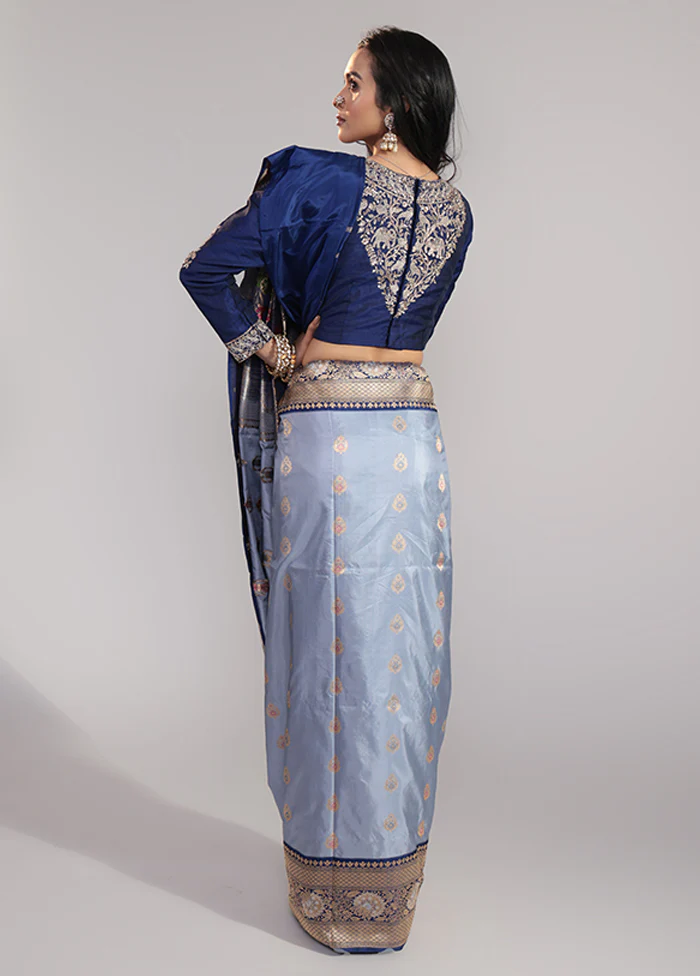 Blue Handloom Katan Pure Silk Saree With Blouse Piece - Image 3