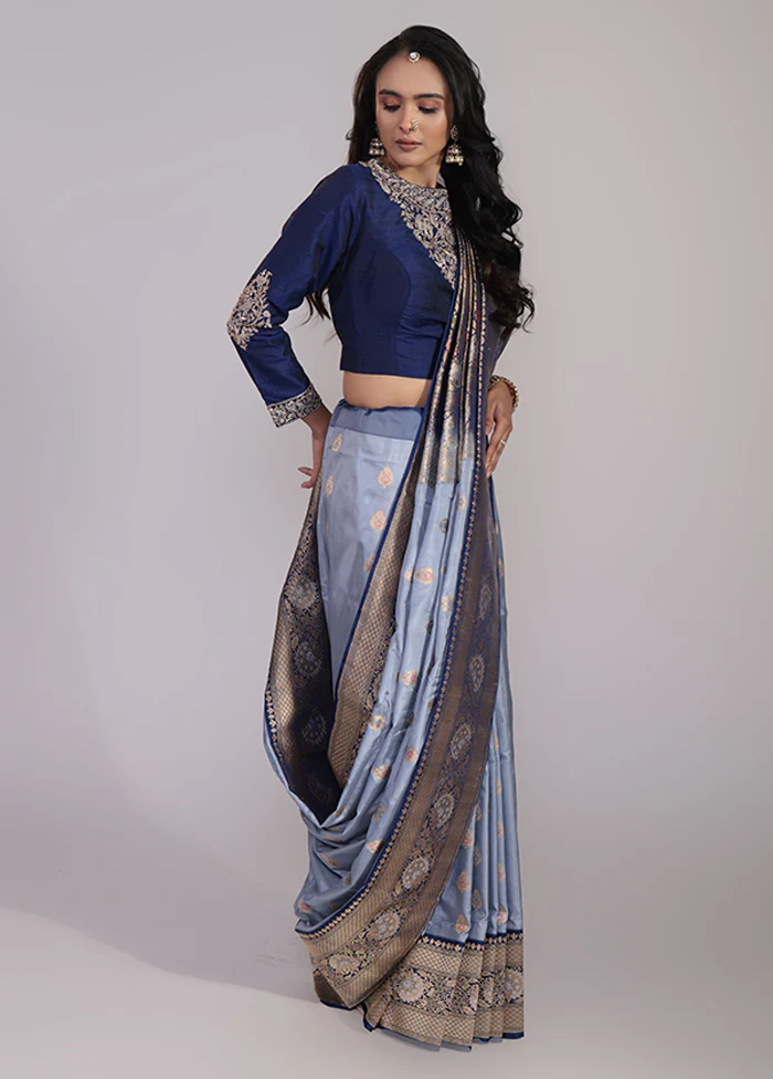 Blue Handloom Katan Pure Silk Saree With Blouse Piece - Image 4