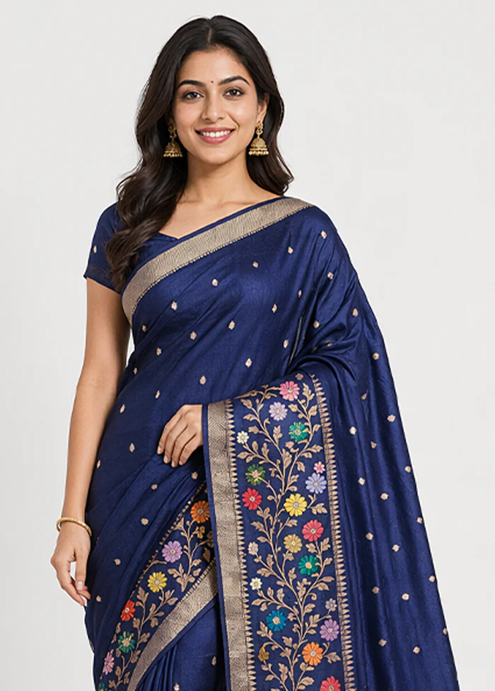 Blue Handloom Katan Pure Silk Saree With Blouse Piece - Image 2