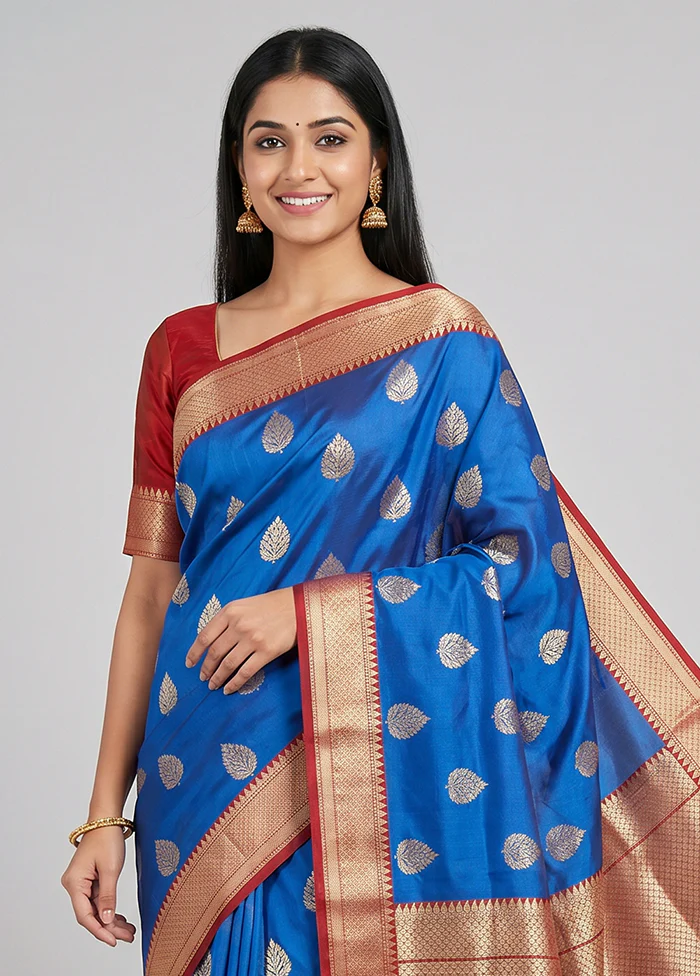 Blue Handloom Katan Pure Silk Saree With Blouse Piece - Image 2