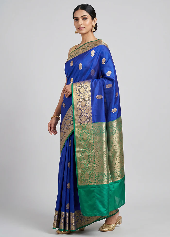 Blue Handloom Katan Pure Silk Saree With Blouse Piece