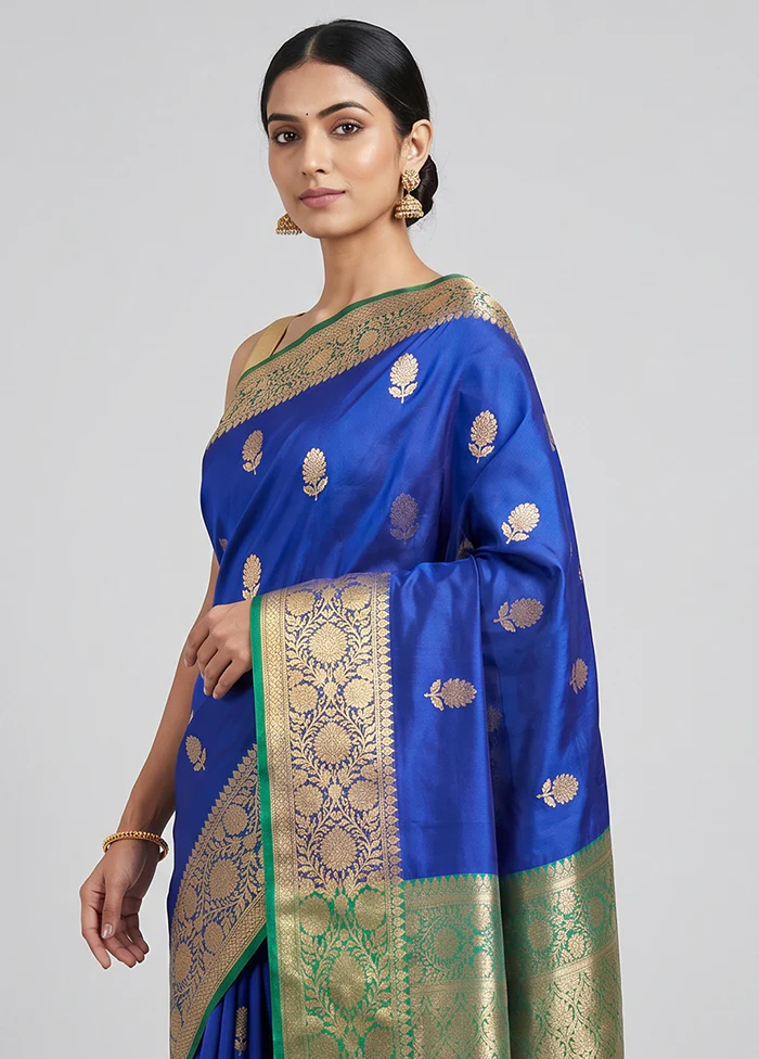 Blue Handloom Katan Pure Silk Saree With Blouse Piece - Image 2