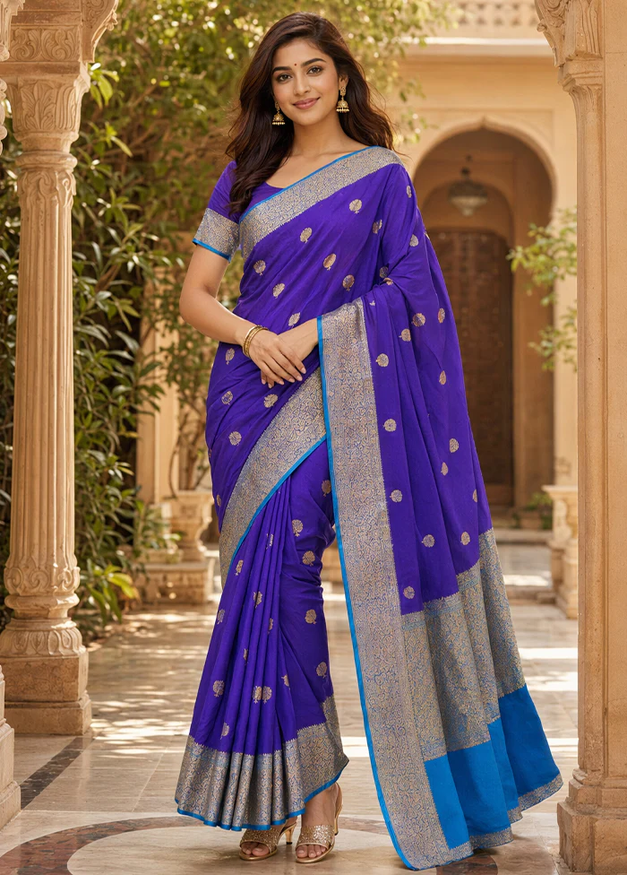 Blue Handloom Katan Pure Silk Saree With Blouse Piece