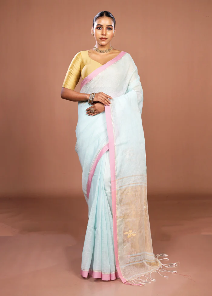 Blue Handloom Linen Pure Silk Saree With Blouse Piece - Image 2