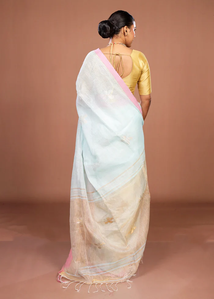 Blue Handloom Linen Pure Silk Saree With Blouse Piece - Image 3