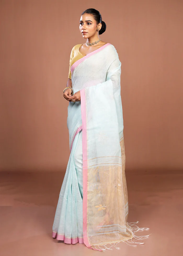 Blue Handloom Linen Pure Silk Saree With Blouse Piece - Image 4