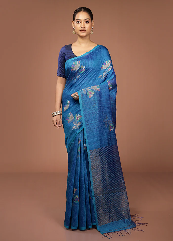 Blue Handloom Matka Pure Silk Saree With Blouse Piece - Image 2