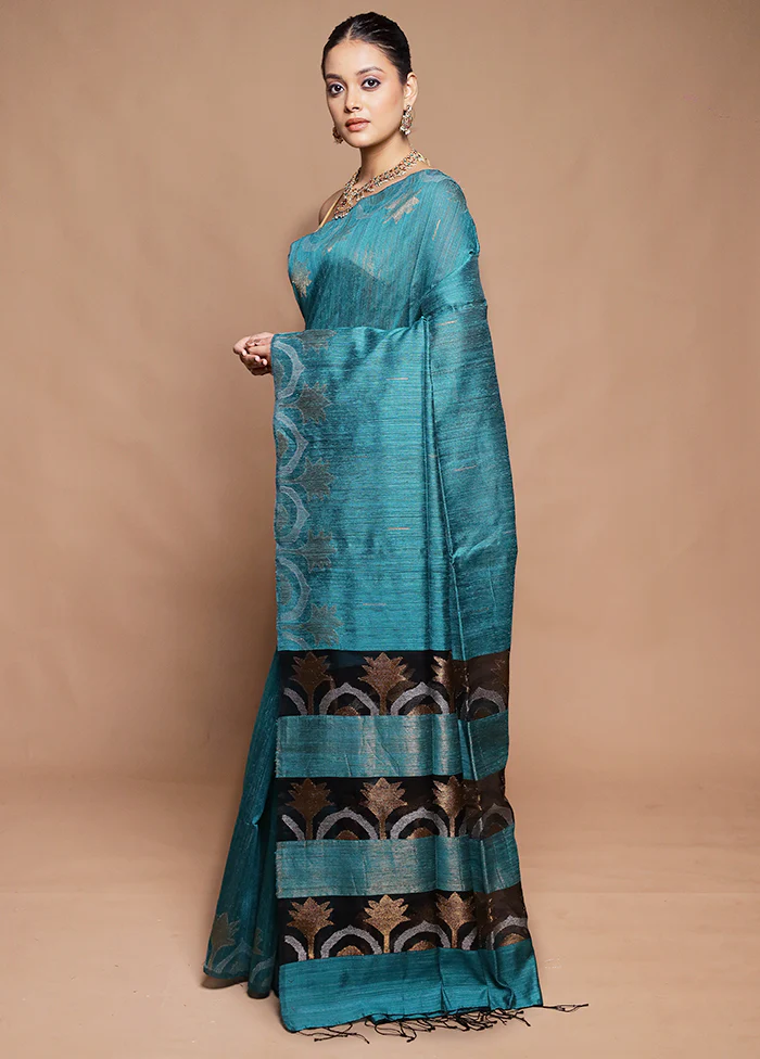 Blue Handloom Matka Pure Silk Saree With Blouse Piece - Image 4