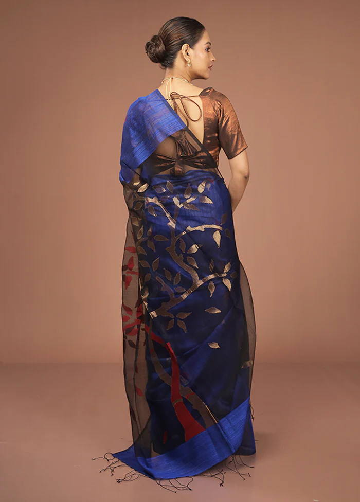Blue Handloom Matka Pure Silk Saree With Blouse Piece - Image 3