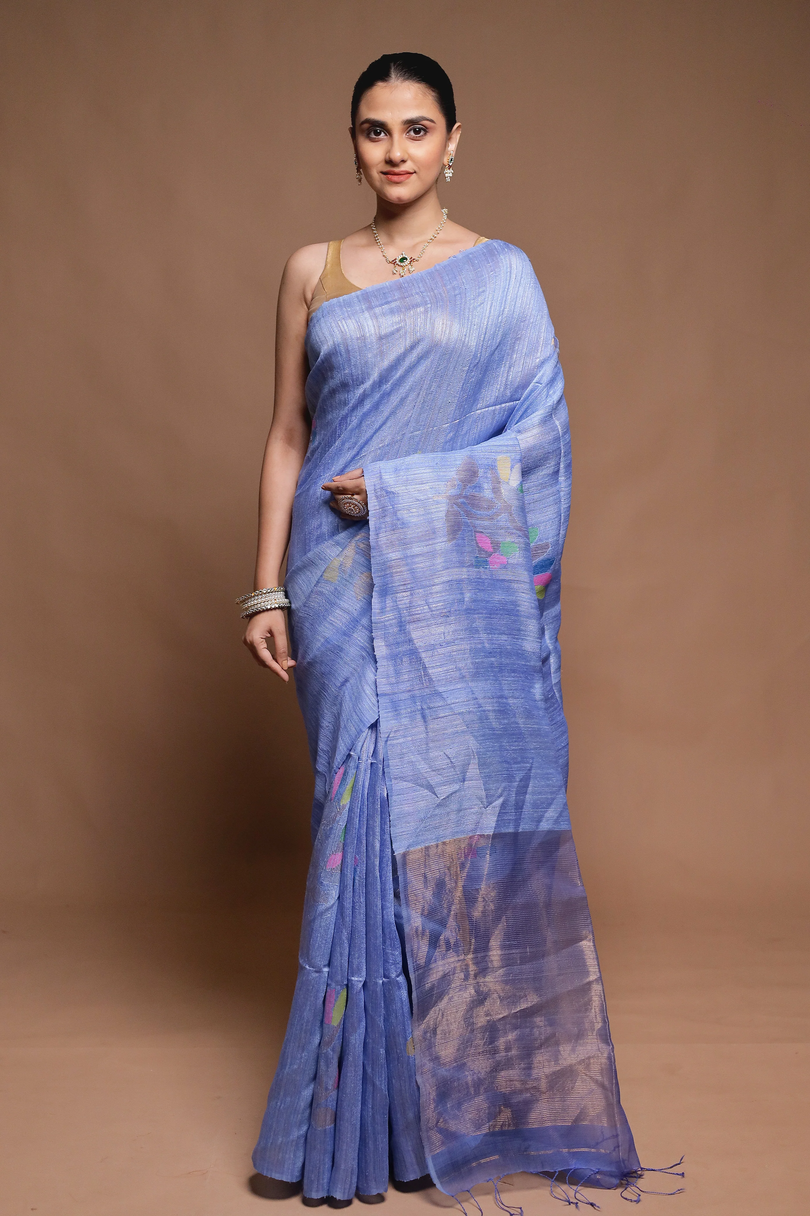 Blue Handloom Matka Pure Silk Saree With Blouse Piece