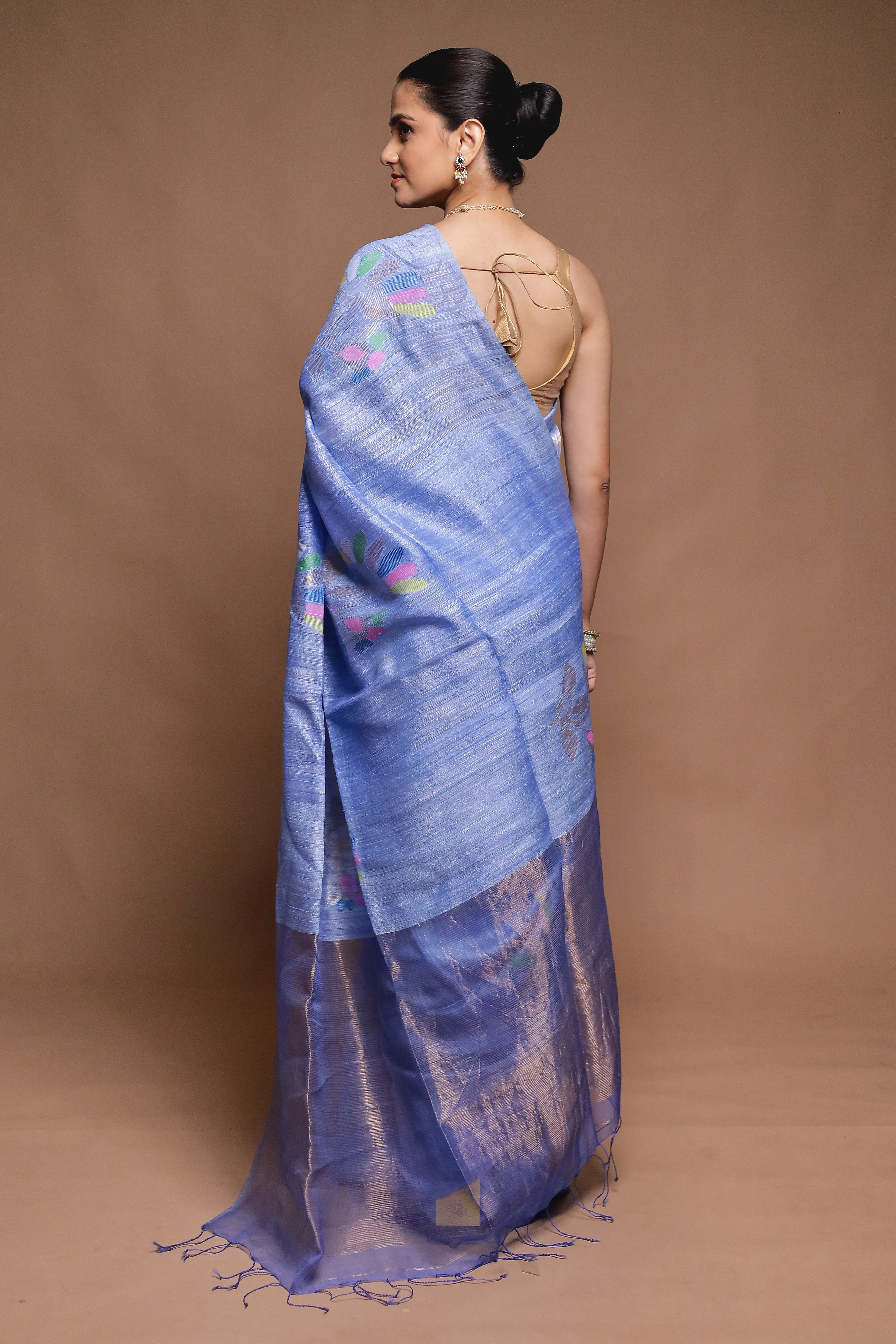 Blue Handloom Matka Pure Silk Saree With Blouse Piece - Image 3