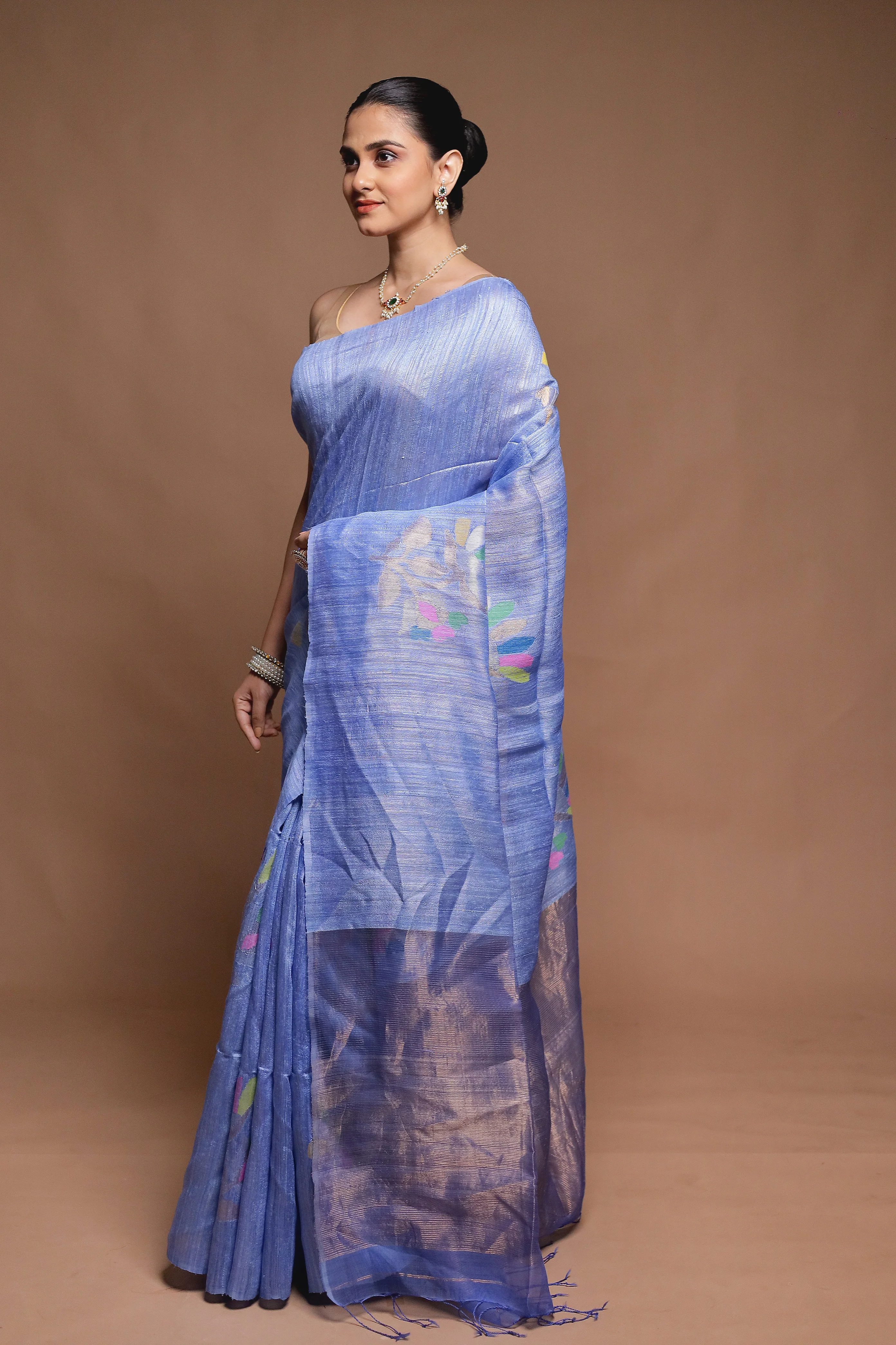 Blue Handloom Matka Pure Silk Saree With Blouse Piece - Image 4