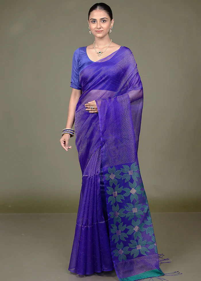 Blue Handloom Matka Pure Silk Saree With Blouse Piece - Image 2