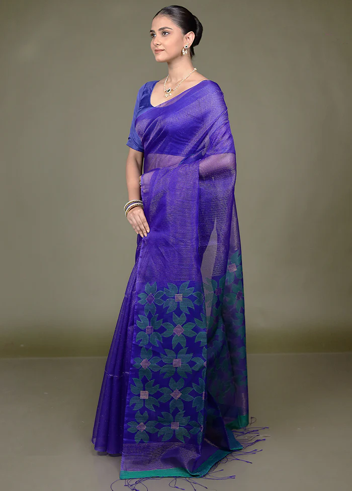 Blue Handloom Matka Pure Silk Saree With Blouse Piece - Image 4