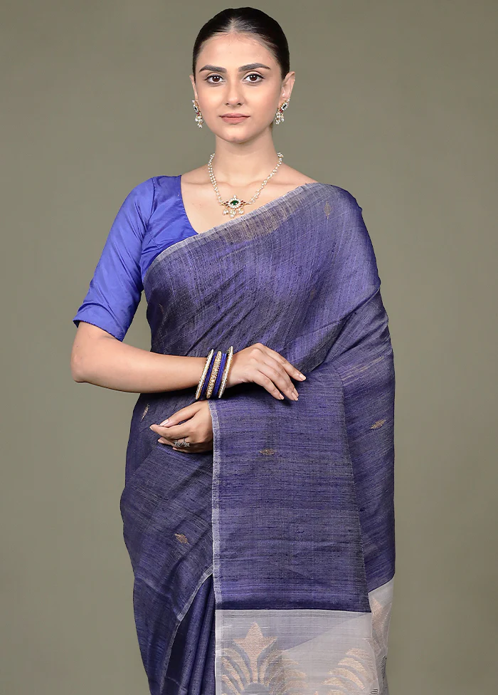 Blue Handloom Matka Pure Silk Saree With Blouse Piece