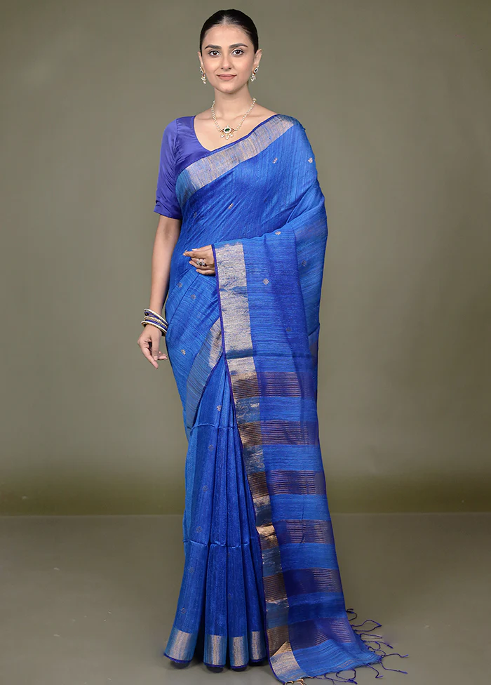 Blue Handloom Matka Pure Silk Saree With Blouse Piece - Image 2