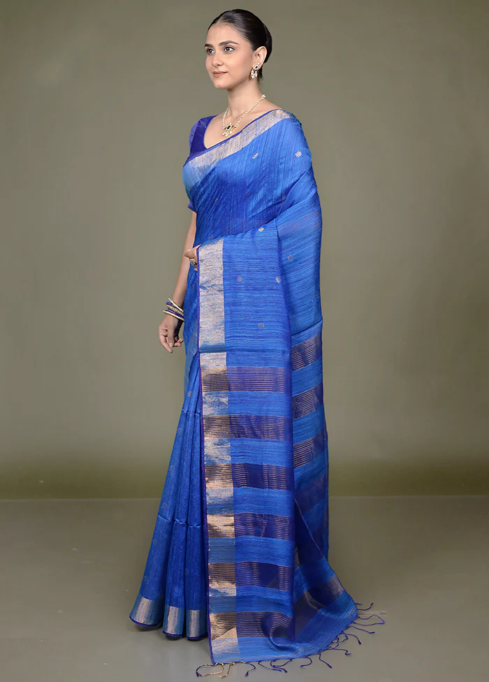 Blue Handloom Matka Pure Silk Saree With Blouse Piece - Image 4
