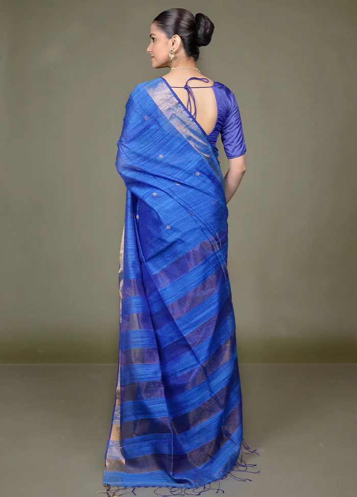 Blue Handloom Matka Pure Silk Saree With Blouse Piece - Image 3