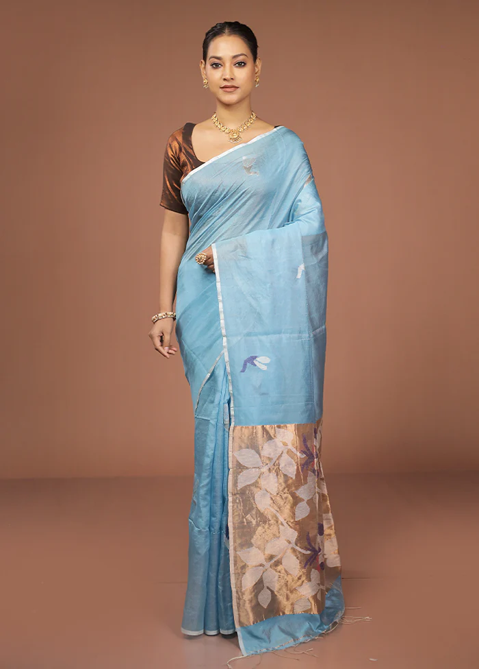 Blue Handloom Matka Pure Silk Saree With Blouse Piece - Image 2