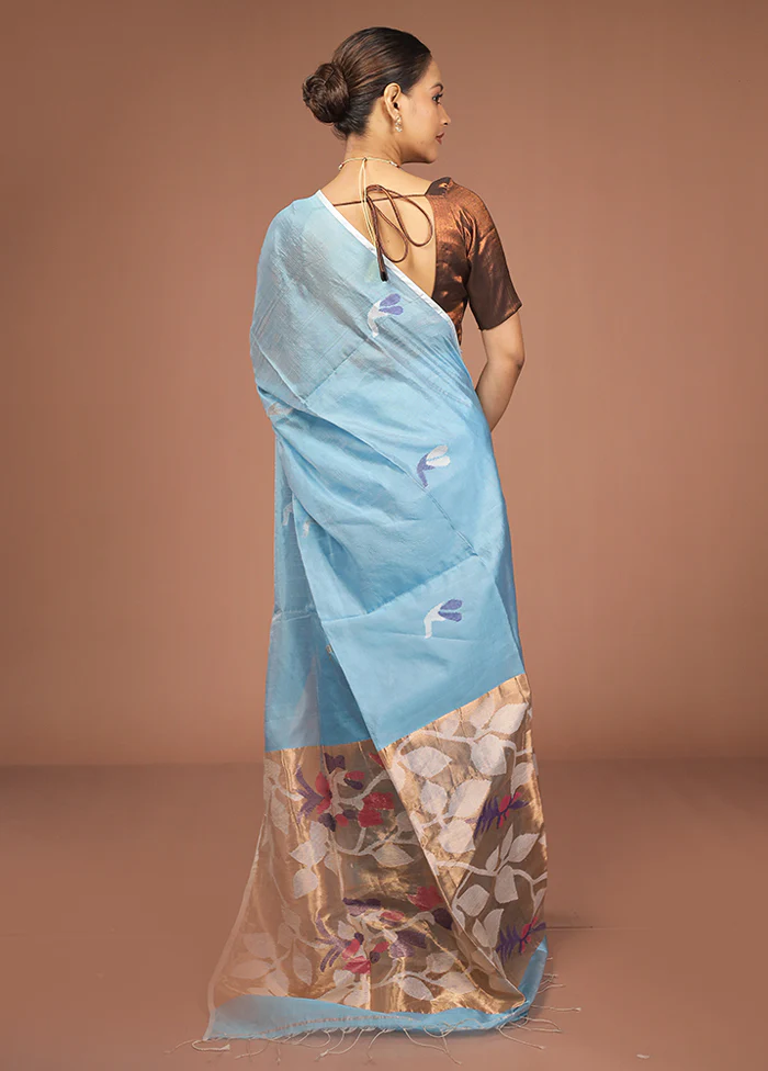 Blue Handloom Matka Pure Silk Saree With Blouse Piece - Image 3