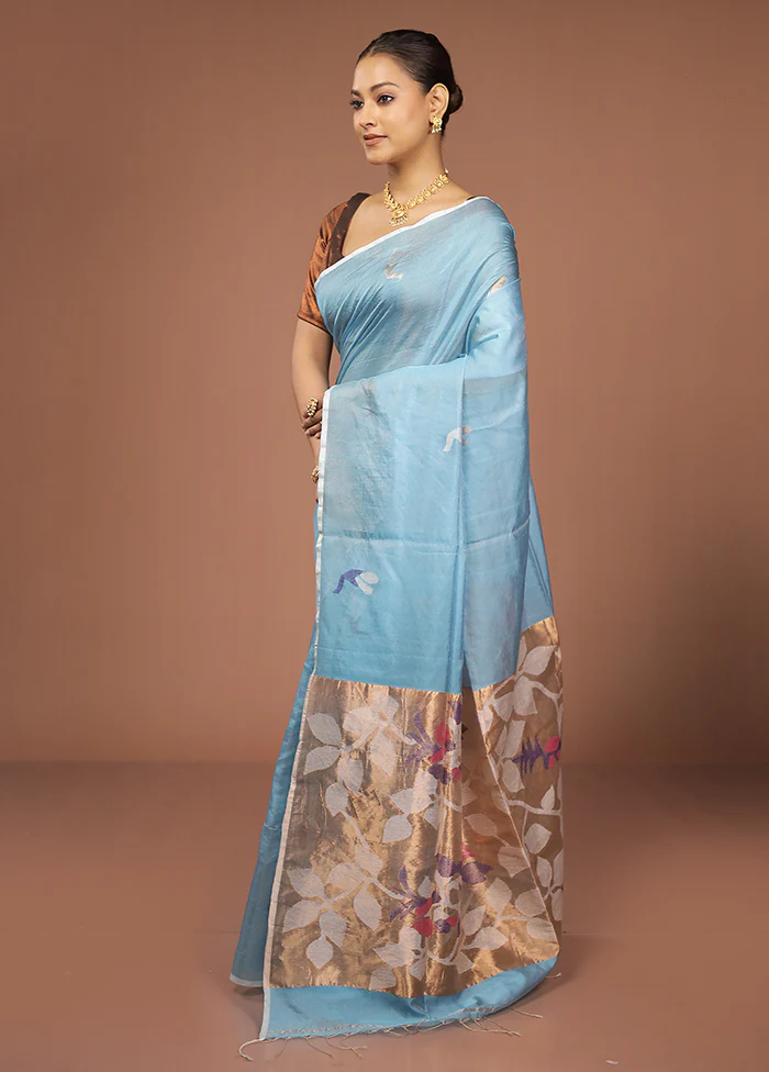 Blue Handloom Matka Pure Silk Saree With Blouse Piece - Image 4