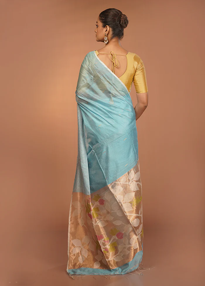 Blue Handloom Matka Pure Silk Saree With Blouse Piece - Image 3