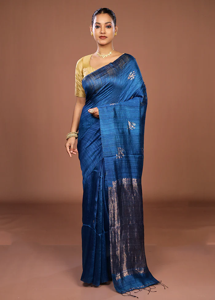Blue Handloom Matka Pure Silk Saree With Blouse Piece - Image 2