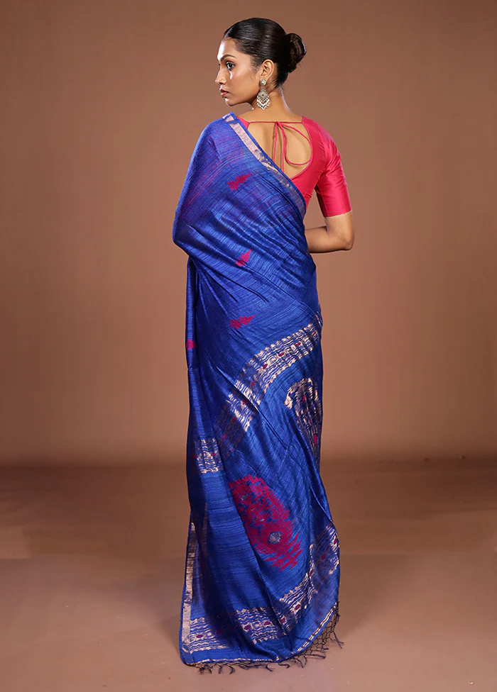 Blue Handloom Matka Pure Silk Saree With Blouse Piece - Image 3
