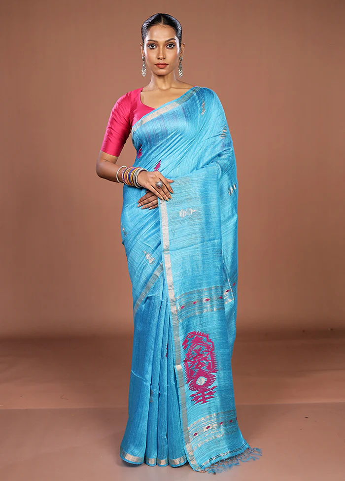 Blue Handloom Matka Pure Silk Saree With Blouse Piece - Image 2