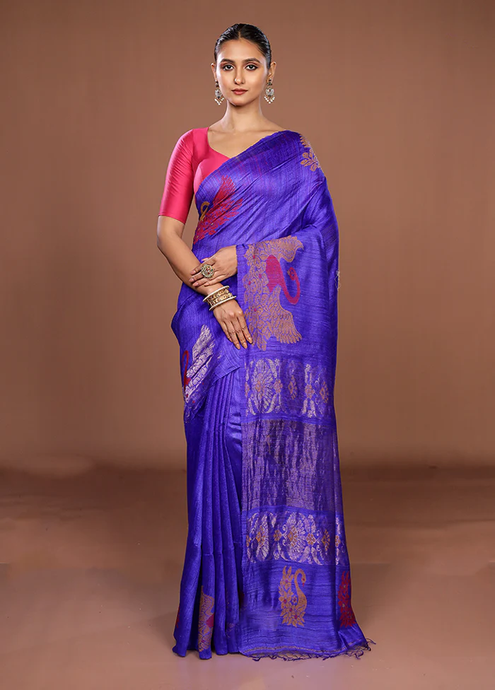 Blue Handloom Matka Pure Silk Saree With Blouse Piece - Image 2