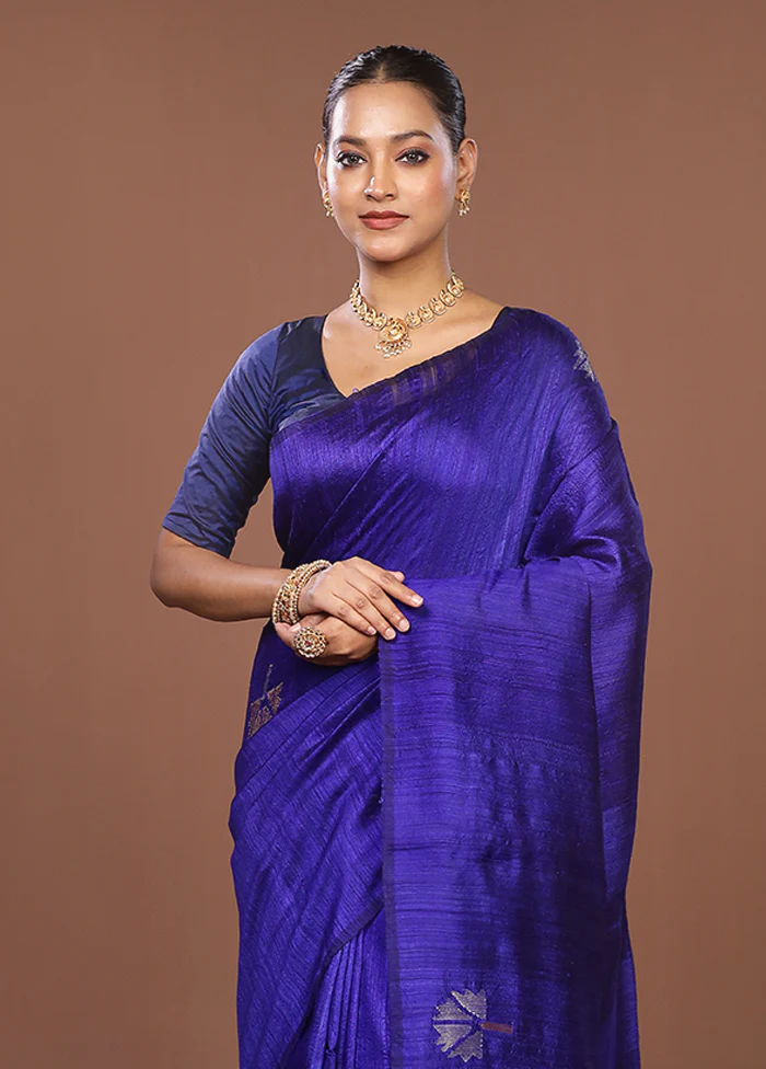 Blue Handloom Matka Pure Silk Saree With Blouse Piece