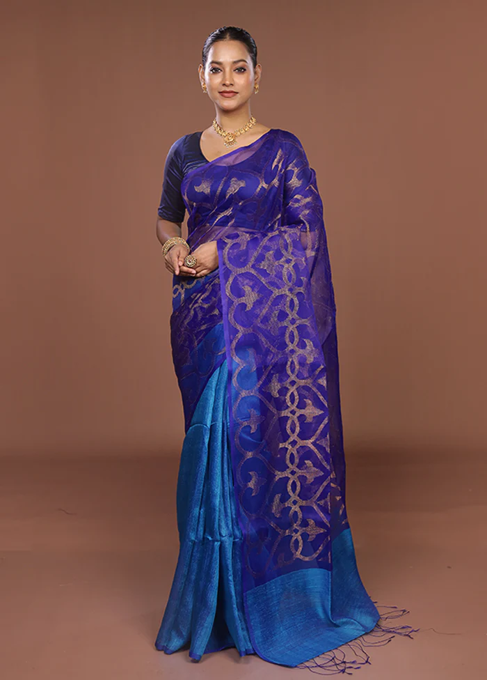Blue Handloom Matka Pure Silk Saree With Blouse Piece - Image 2