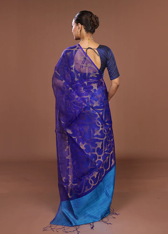 Blue Handloom Matka Pure Silk Saree With Blouse Piece - Image 3